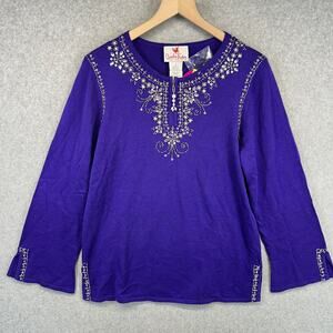 Quacker Factory Sweater Womens Small Purple 1/4 Zip Rhinestones Beaded Pullover